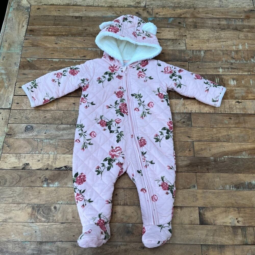 Nordstrom Bear Hooded Fleece-Lined Bunting 6 M Pink Floral Quilted